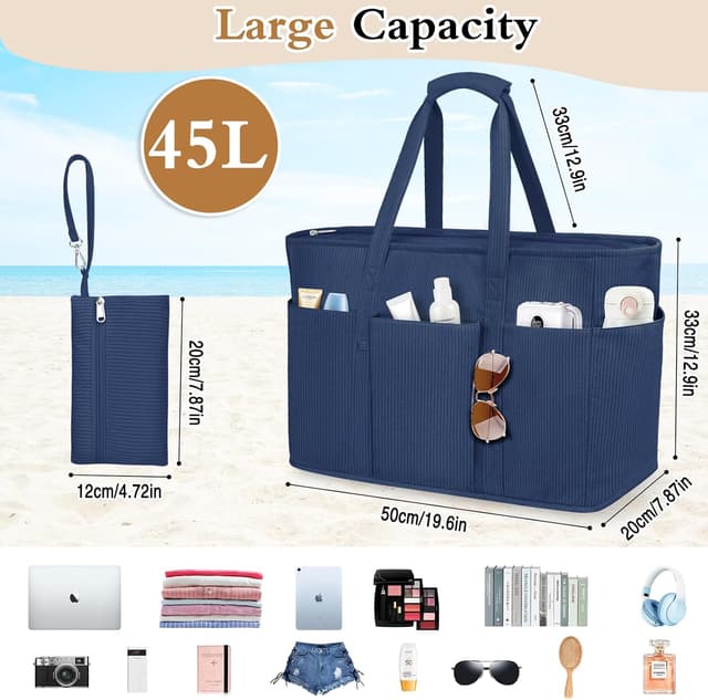Detalle de JUYANO Cord Handtasche XXL – XXL-Strandtasche mit Reißverschluss, Nassfach und 12 Fächern