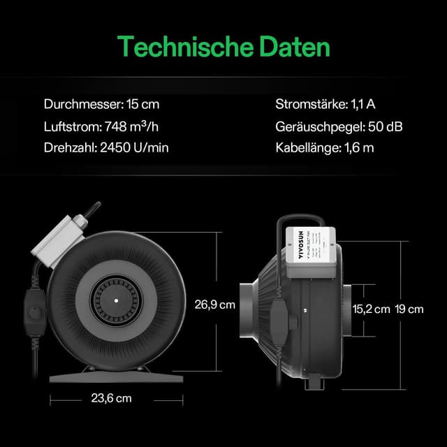 Detalle de VIVOSUN Ventilatore a canale 150 mm con estrazione fino a 748 m³/h e regolatore di velocità variabile