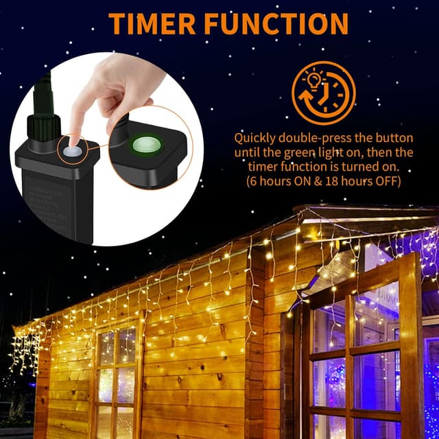 Detalle 2 de Dalugo Icicle Outdoor Christmas Lights (15m + 10m, 480 warm white LEDs) with memory timer