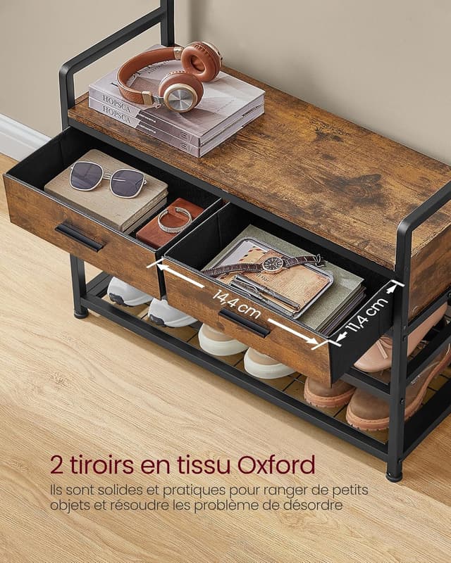 Detalle de VASAGLE HSR429B01 : porte-manteau d’entrée avec 10 crochets amovibles, 2 tiroirs et banc chaussures