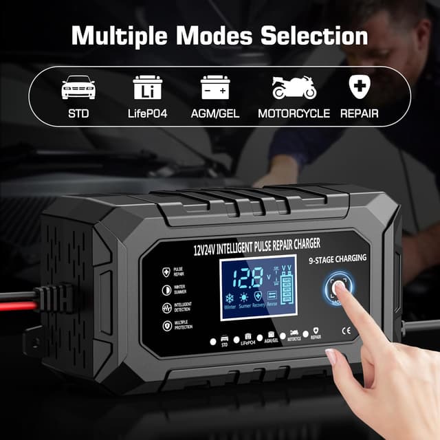 Detalle de Husgw 12V 15A / 24V 8A caricabatterie per auto, moto e camion LiFePO4 con 9 livelli