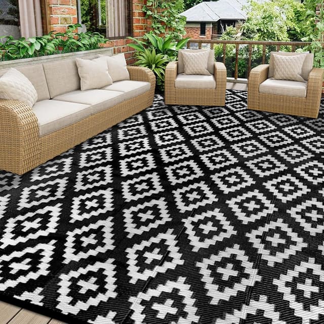 Detalle de Homcomodar Outdoor Rug Reversible 245x305cm (Black) UV resistant polypropylene camping mat