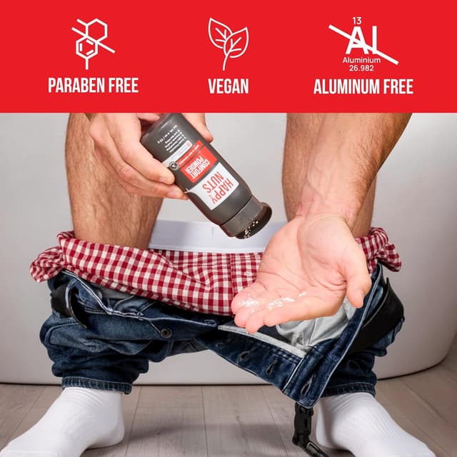 Detalle de Happy Nuts Comfort Powder Deodorant for Men (Aluminum-Free) – Anti-Chafing, Sweat & Odor Control, Original Scent, 6 oz