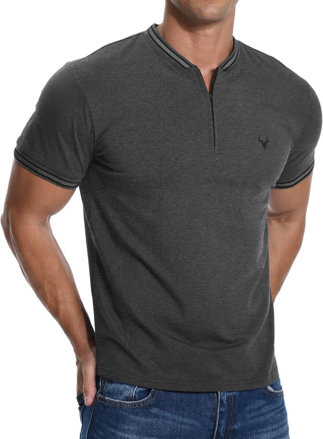 Detalle de PCEAIIH Men’s Henley Zip Stand Neck T-Shirt with Deer Head Embroidery