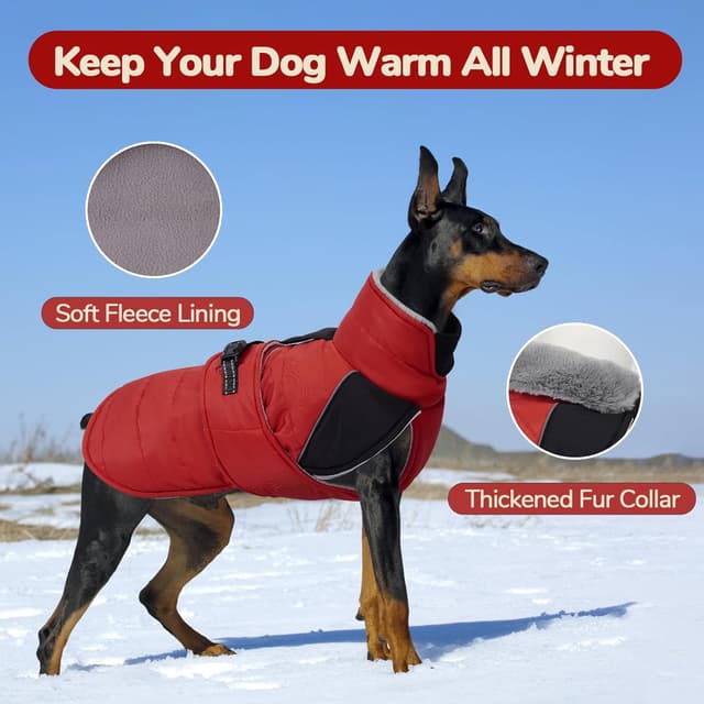 Detalle de LeLePet Lelepet Dog Winter Coat (Waterproof, Fleece Lined, Reflective Strips) – Red, XL