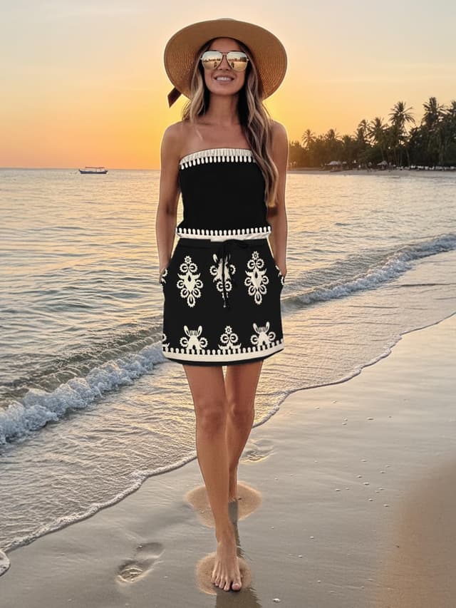 Detalle 2 de SAUKOLE Strapless Summer Dress for Women with Drawstring Waist and Pockets