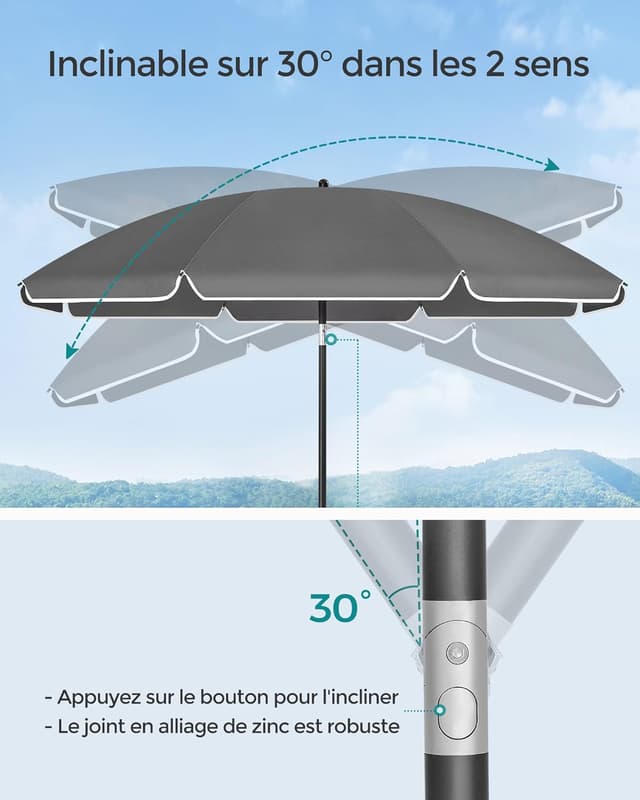 Detalle de SONGMICS Parasol de 200 cm UPF 50+, inclinable 30° et hauteur réglable (sans base) GPU065G01