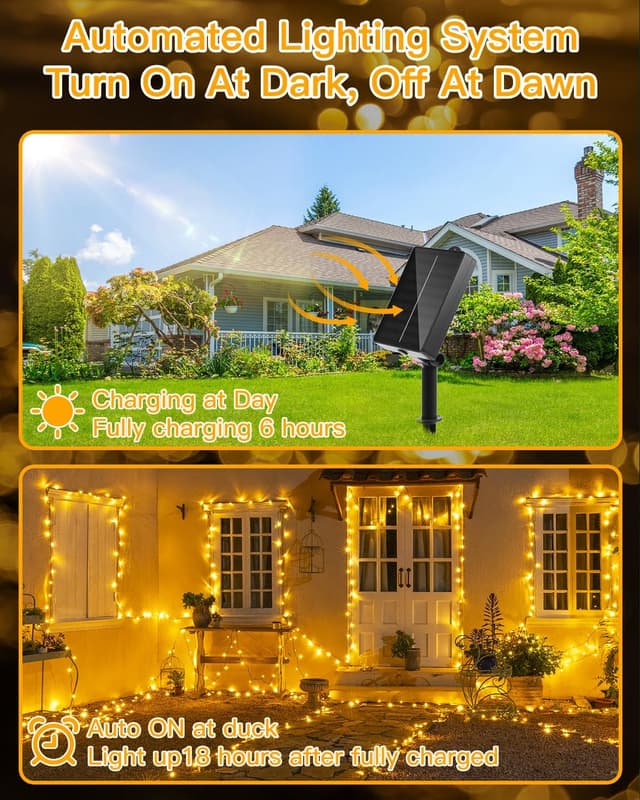 Detalle de Ollny Solar Lights Outdoor Garden 20m 200 LED Solar Fairy Light String with Warm White, IP44 & 8 Modes