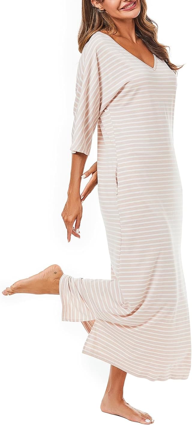 Detalle de Uniexcosm Chemise de nuit longue en coton pour femme, col en V et poches latérales