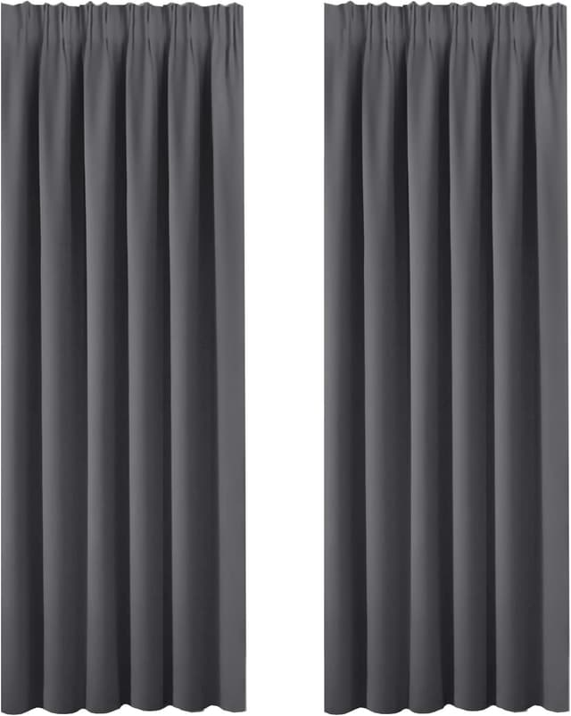 Detalle de BellaHills Super Soft Thermal Insulated Pencil Pleat Blackout Curtains (2 Panels) with Tie Backs, Charcoal Grey
