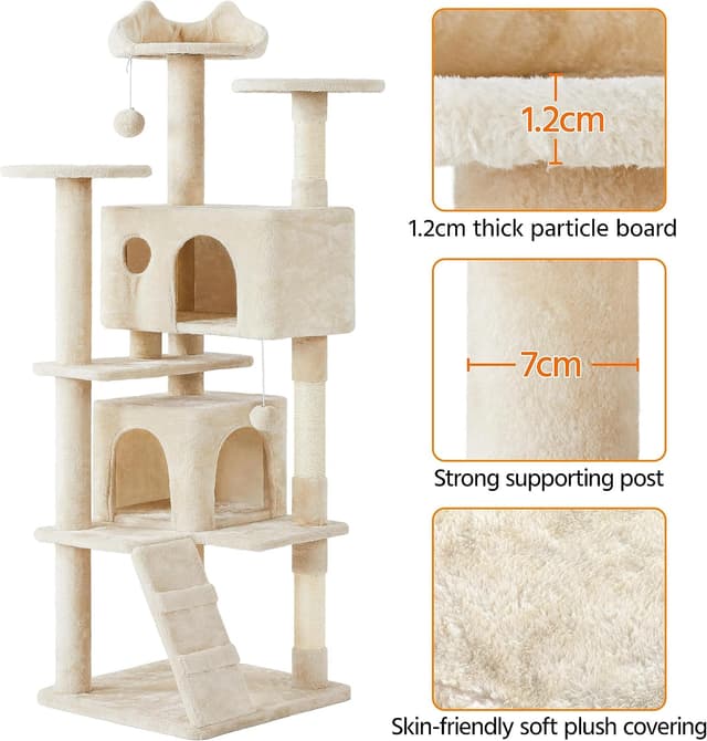 Detalle 2 de Yaheetech Cat Tree (178cm) with Scratching Posts, 2 Condos, Perched Platforms & Dangling Balls – Beige