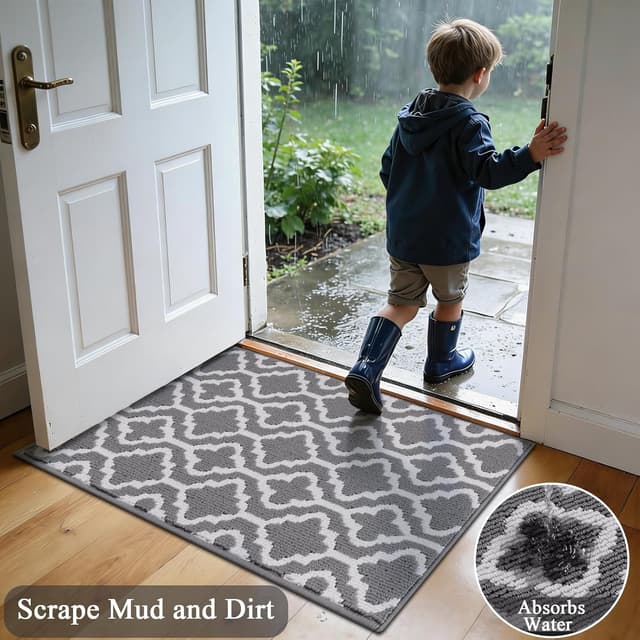 Detalle de SHACOS Grey Indoor Washable Door Mat (50 x 80 cm) – Dirt Trapper Non-Slip Entry Mat