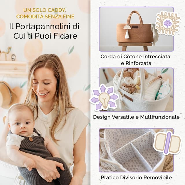 Detalle de Yunioo Cestino Porta Pannolini: organizer per fasciatoio per neonati con maniglie robuste e scomparti staccabili