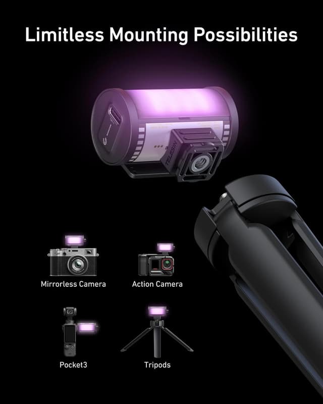 Detalle de TELESIN Magnetic RGB Video Light with cold shoe mount (CRI 95+, 2700–7500K)