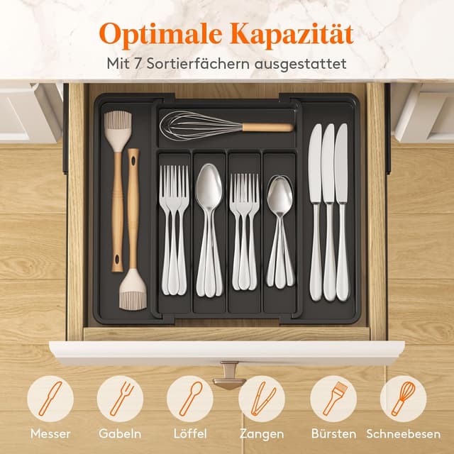 Detalle 2 de Lifewit Besteckkasten für Schublade – verstellbarer Besteckhalter aus PP, Breite flexibel von 22,7 bis 37,4 cm