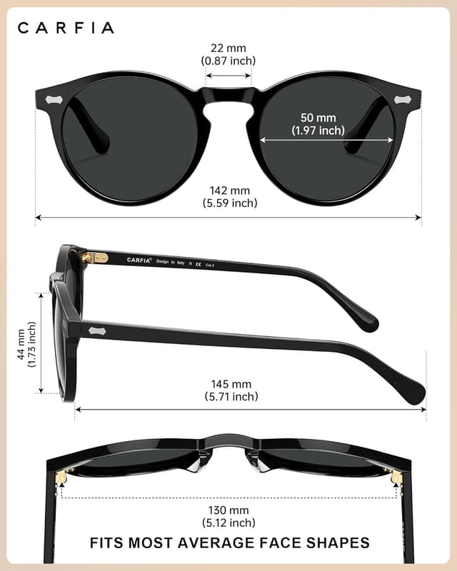 Detalle de CARFIA Polarisierte Sonnenbrille für Herren mit runden Acetat-Gläsern und Lederetui