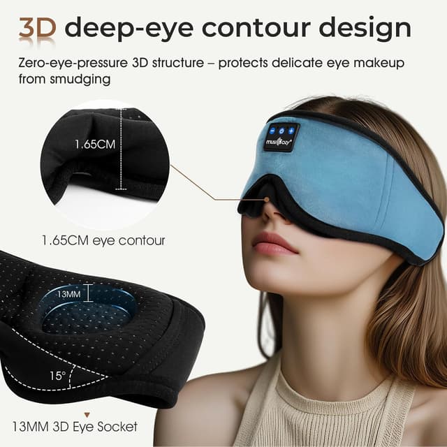 Detalle de MUSICOZY Sleep mask Headphones with Bluetooth for side sleepers (100% blackout, 3D)