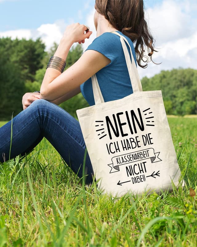 Detalle de Baumwolltasche mit Spruch „nein ich habe die Klassenarbeit nicht dabei“ – OM3 Stoffbeutel mit langen Henkeln