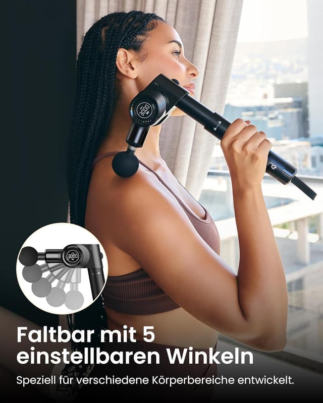 Detalle 2 de Napre faltbare Massagepistole mit Verlängerungsgriff, 32 Geschwindigkeiten & 6 Aufsätzen