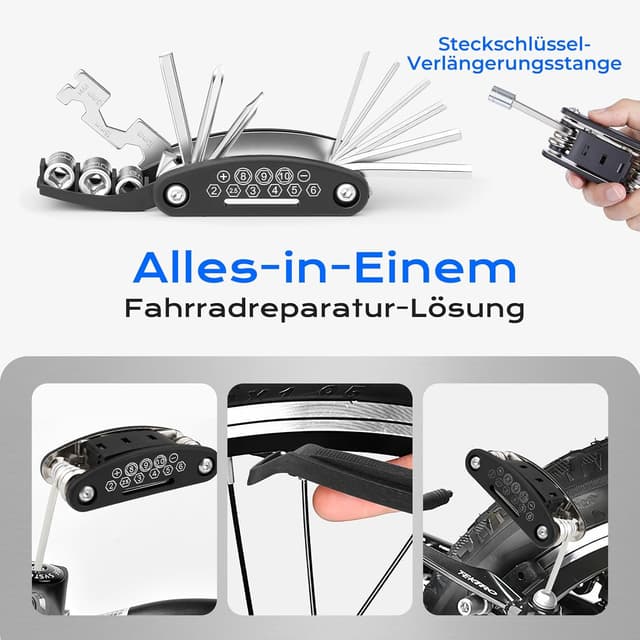 Detalle de Fahrrad Reparaturset 16-in-1 Kompakt aus Stahl Schwarz