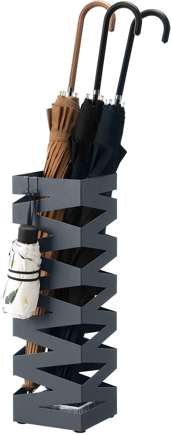 Detalle de SONGMICS LUC016G01 Porta Ombrelli in metallo quadrato con vaschetta scolapioggia e 4 ganci, grigio antracite