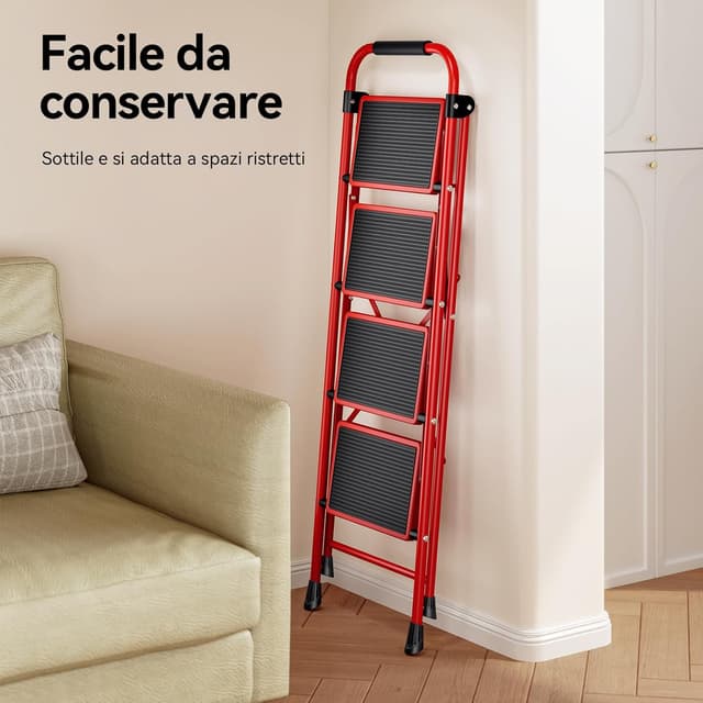 Detalle 2 de KINGRACK Scaletta pieghevole a 4 gradini in acciaio con corrimano e piattaforma antiscivolo, 150 kg, rosso