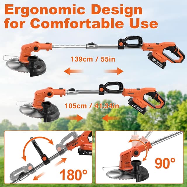 Detalle de GETIEOM Cordless Strimmer with 2 × 2.0Ah Batteries (850W) and LCD power display – 4-in-1 garden trimmer