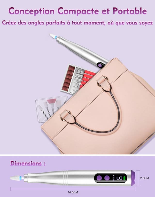 Detalle 2 de Fofile ponceuse électrique pour ongles sans fil 12 en 1, 20000 tr/min et écran LED