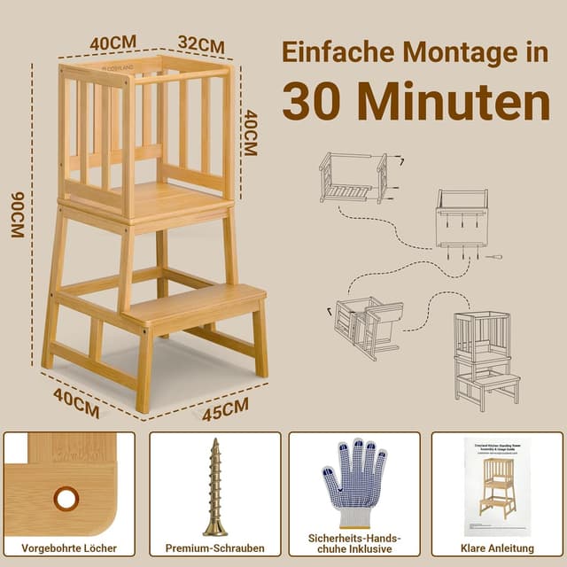 Detalle de COSYLAND Lernturm ab 1 Jahr (Montessori Learning Tower) in Naturfarbe – sicherer Kinder-Lernturm mit Geländern