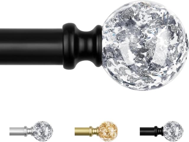 Detalle de KAMANINA Black Curtain Pole (80 to 218 cm) for eyelet curtains, extendable with round translucent finials