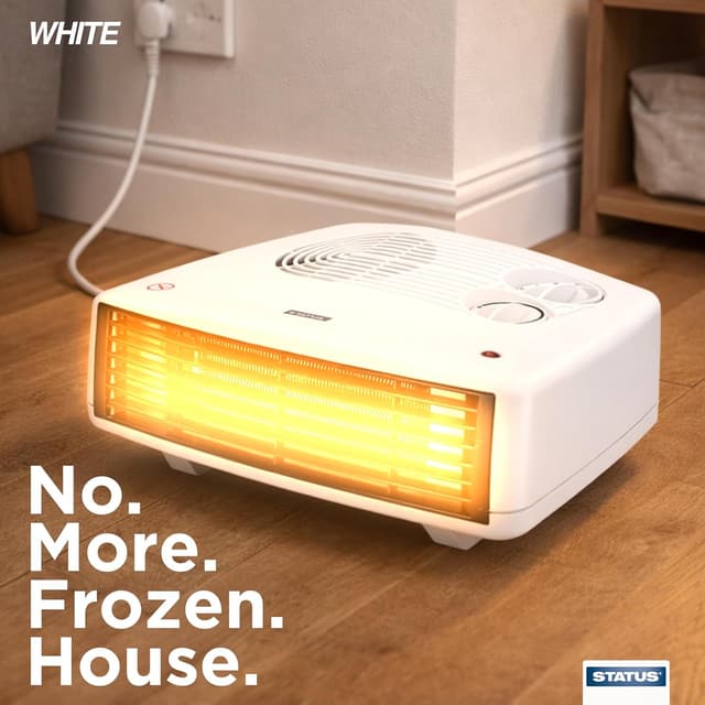 Detalle de STATUS Flat Fan Heater 3000W (3 kW) Portable Indoor Radiator, White, 2 Heat Settings & Thermostat Control