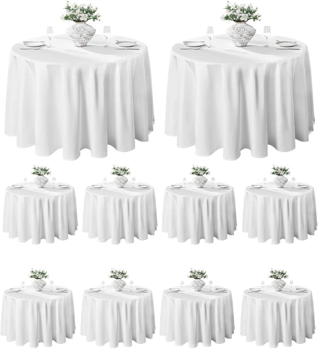 Detalle de VidaFete Round Tablecloth (132-inch) — 10 Pack Polyester Table Cover, Stain & Wrinkle Resistant (White)