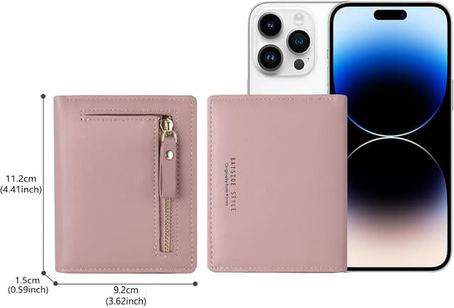 Detalle de RRANCharltu Damen Geldbörse klein aus Leder-Optik – Mini-Kurzgeldbeutel mit Reißverschluss, Dunkelrosa