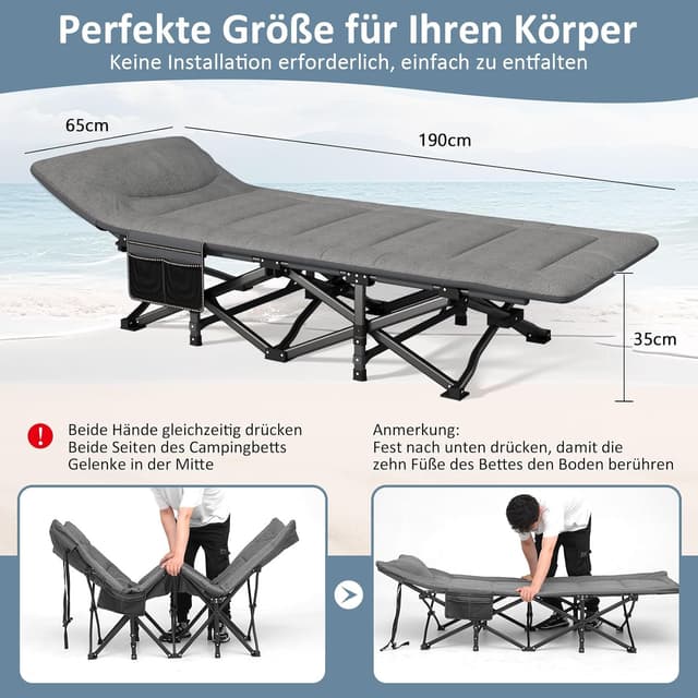 Detalle de Mopaicot Furn faltbares Campingbett (Feldbett) bis 200 kg – mit integriertem Kissen für Indoor, Outdoor & Garten
