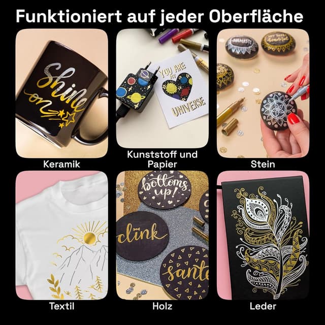 Detalle de Artistro 6 Gold & Silber Acrylstifte (wasserbasiert) – 6er Set mit extra-feiner Spitze für Stein, Keramik, Glas & mehr