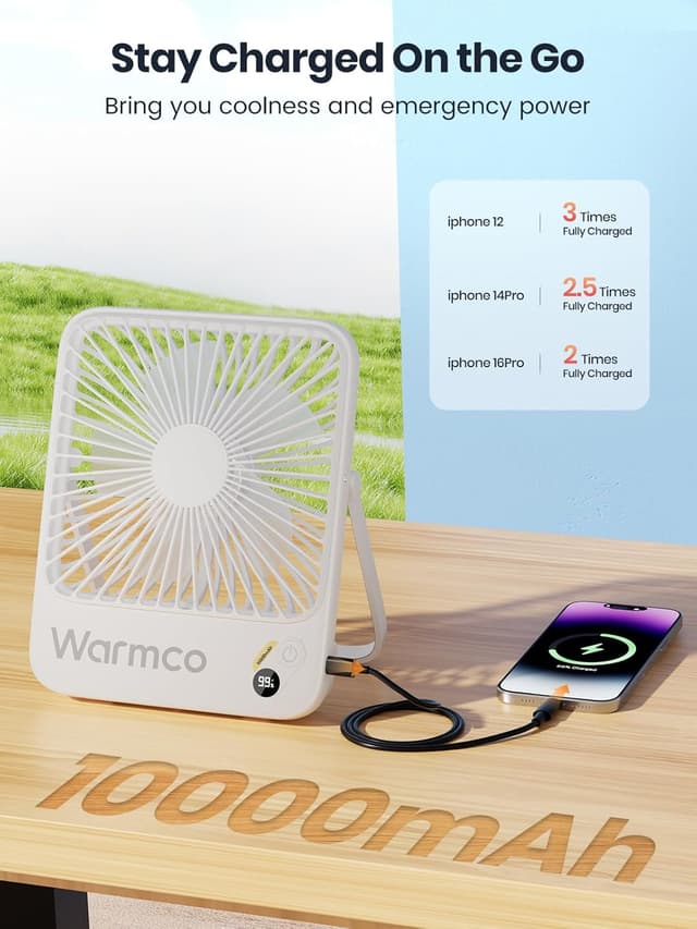 Detalle de Warmco 10000mAh Portable Desk Fan (21cm) – ultra-thin quiet rechargeable fan with digital display