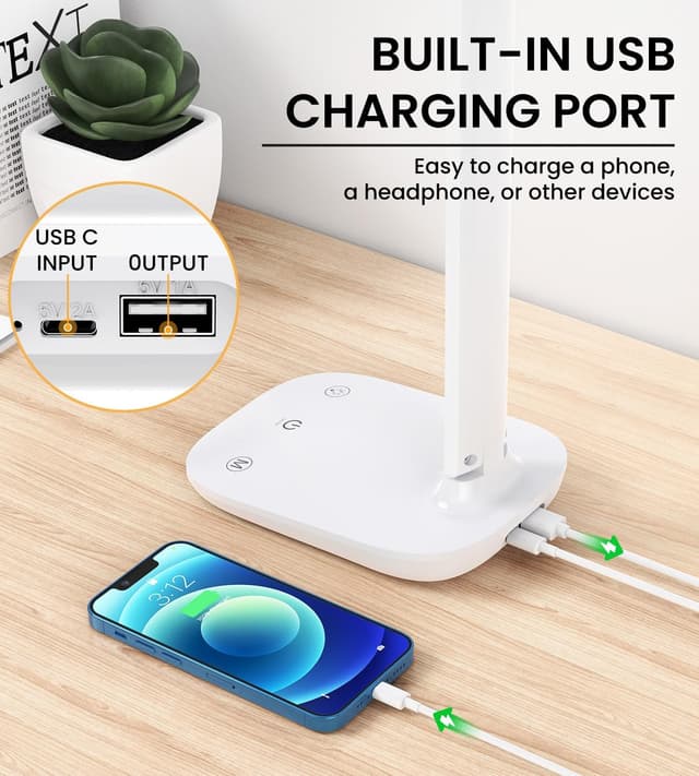 Detalle de Schreibtischlampe mit dimmbaren LED, 5 Farbmodi (2800–6000K) & USB-Ladung – Touch, Timer, für Kinder & Büro