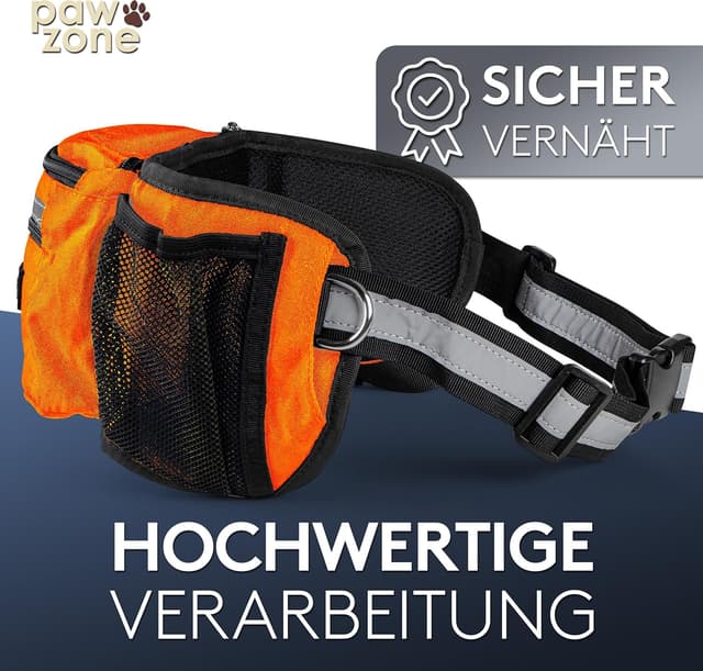 Detalle de PAWZONE Leckerlibeutel für Hunde mit Bauchtasche, reflektierendes Band & Zusatzgurt (Neon Orange)