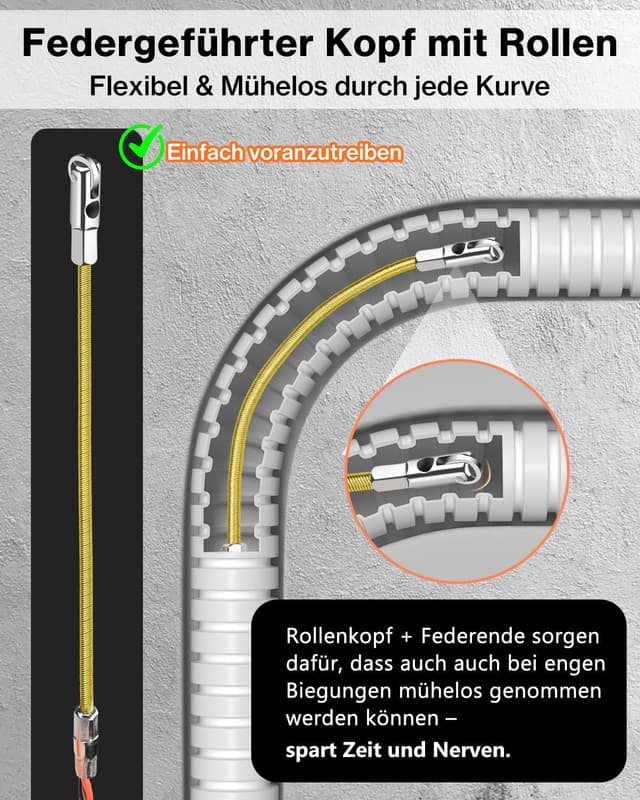 Detalle de Lytool Aide à l’extraction enfile-câbles en fil spiralé 30 m (câble renforcé 5 mm) avec tête à roulette et ressort