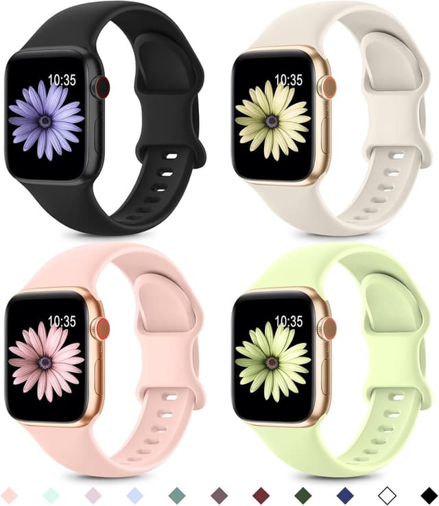 Detalle de Higgs 4 Pack Sport Straps for Apple Watch (11/10, 42mm/40mm/41mm/38mm) – Soft Silicone Replacement Bands