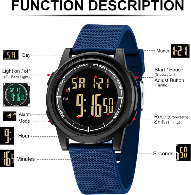 Detalle de HANPOSH Herren Digitaluhr mit Wecker, Stoppuhr & 3ATM Wasserdichtem Armband (digital-analog)