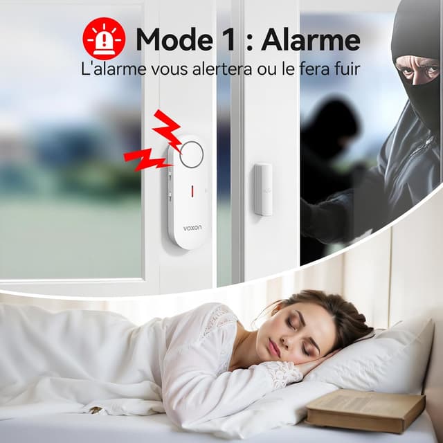 Detalle de VOXON alarme maison sans fil pour porte et fenêtre (lot de 2 détecteurs, contrôle volume 3 niveaux, 98 dB)