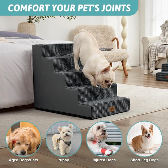 Detalle 1 de COZY KISS Wide Dog Stairs for Small Dogs – 5-Step Non-Slip Pet Steps (Dark Grey)
