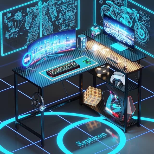Detalle de Xyphren L Shaped Gaming Desk with RGB LED Lights, Power Outlets & Adjustable Shelves (Carbon Black)