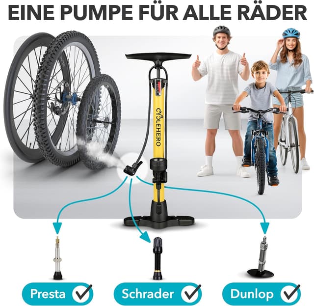Detalle de CYCLEHERO Fahrradpumpe alle Ventile mit Manometer – Standpumpe bis 160 PSI (11 bar) und 10 Jahre Garantie