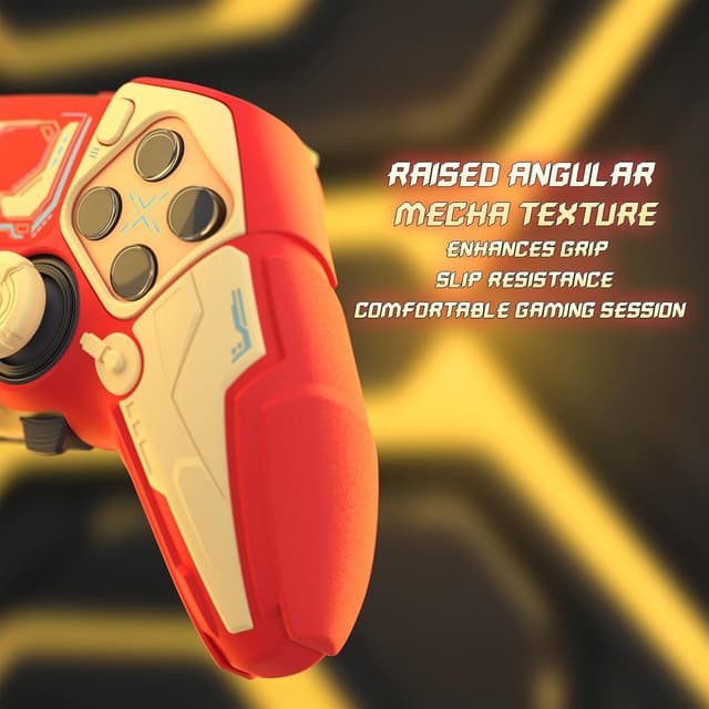Detalle de playvital Silicone Cover Skin for PS5 Edge Controller – Mecha anti-slip grip protector (Crimson Red & Iron Yellow)