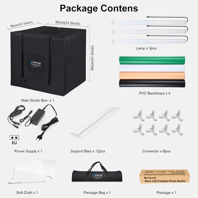 Thumbnail 6 de PULUZ Fotostudio-Lichtzelt 80x80 cm (32 Zoll) mit 3 dimmbaren LED-Lichtleisten, 4 Hintergründen und Transporttasche