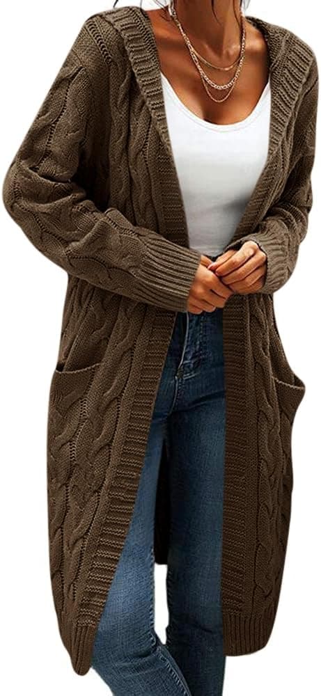 Detalle de GeGekoko Damen-Strickjacke mit Kapuze und Taschen (Langarm, Grobstrick-Cardigan, offen) für Herbst & Winter