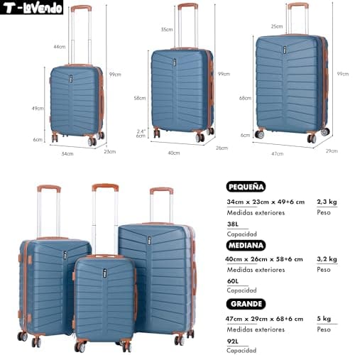 Detalle de Juego de 3 maletas T-LOVENDO.ES rígidas ABS con ruedas 360° (cabina, mediana y grande)