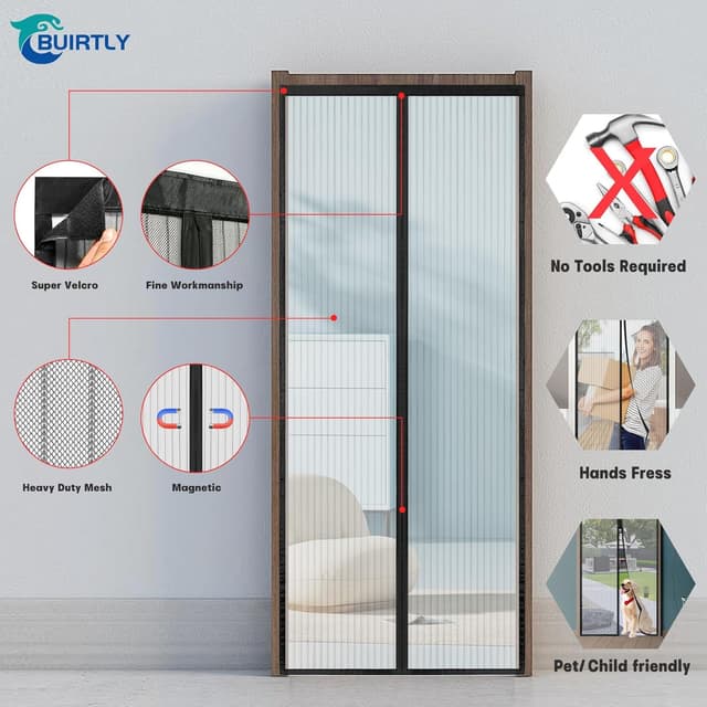 Detalle 2 de BUIRTLY Zanzariera magnetica 55x180 per porte e finestre, chiusura automatica, nero